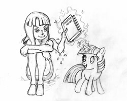 Size: 802x638 | Tagged: safe, artist:irie-mangastudios, derpibooru import, twilight sparkle, book, child, crossover, filly, monochrome, nico robin, one piece, pencil drawing