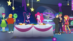 Size: 1920x1080 | Tagged: safe, screencap, flash sentry, pinkie pie, sci-twi, sunset shimmer, timber spruce, twilight sparkle, equestria girls, equestria girls series, twilight under the stars, spoiler:eqg series (season 2), background human, bald, buffet, female, food, grassy knoll (character), hors d'oeuvre, legs, male, male pattern baldness, pastries, pastry, ponytail, table, thick coat