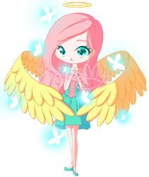 Size: 991x1179 | Tagged: safe, artist:kelsobunny, fluttershy, angel, fluttershy the angel, halo, humanized, solo, watermark, winged humanization