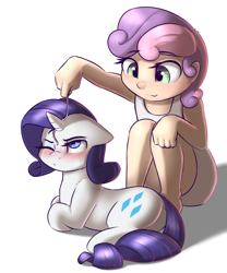 Size: 1500x1800 | Tagged: dead source, safe, artist:captainpudgemuffin, rarity, sweetie belle, human, pony, behaving like a cat, blushing, captainpudgemuffin is trying to murder us, clothes, cute, diasweetes, dress, duo, floppy ears, fluffy, frown, glare, humanized, on side, one eye closed, pony pet, prone, raribetes, raricat, smiling, squatting, string, unamused, wink