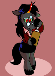 Size: 576x792 | Tagged: safe, artist:pembroke, artist:wiggles, derpibooru import, king sombra, pony, unicorn, ask king sombra, blouse, clipboard, clothes, crossdressing, eyeshadow, glasses, lipstick, makeup, skirt