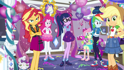 Size: 1920x1080 | Tagged: safe, screencap, applejack, fluttershy, opalescence, pinkie pie, rainbow dash, sci-twi, spike, spike the regular dog, sunset shimmer, twilight sparkle, dog, equestria girls, equestria girls series, fomo, spoiler:eqg series (season 2), balloon, clothes, converse, crossed arms, female, geode of empathy, geode of sugar bombs, geode of super strength, geode of telekinesis, magical geodes, male, party, ponytail, rarity's bedroom, shoes, smiling