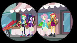 Size: 1920x1080 | Tagged: safe, screencap, fluttershy, rainbow dash, sci-twi, sunset shimmer, twilight sparkle, better together, equestria girls, fomo, bags, female, geode of empathy, geode of fauna, geode of super strength, geode of telekinesis, glasses, magical geodes, ponytail