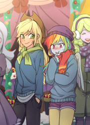 Size: 870x1200 | Tagged: safe, artist:dcon, derpibooru import, applejack, rainbow dash, best gift ever, equestria girls, triple pony dare ya, anime, appledash, clothes, coat, cowboy hat, cute, dashabetes, equestria girls interpretation, female, hat, jackabetes, lesbian, pantyhose, scene interpretation, shipping, shorts, stetson