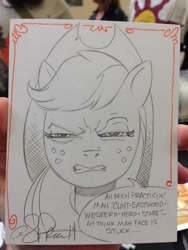 Size: 942x1256 | Tagged: safe, artist:andypriceart, applejack, earth pony, pony, clint eastwood, face, impersonating, scrunchy face, solo, squint, squintjack, traditional art