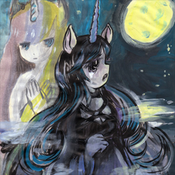 Size: 500x500 | Tagged: artist needed, safe, princess celestia, princess luna, human, crying, humanized, moon, sad