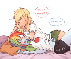 Size: 1200x1000 | Tagged: safe, artist:dcon, derpibooru import, applejack, rainbow dash, equestria girls, appledash, bed, clothes, clothes swap, cute, daaaaaaaaaaaw, eyes closed, female, lesbian, pillow, shipping, sleep talking, sleeping, speech bubble