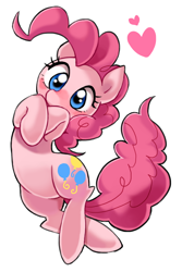 Size: 600x900 | Tagged: safe, artist:bartolomeus_, pinkie pie, earth pony, pony, blushing, cute, diapinkes, female, heart, looking at you, mare, on back, ponk, simple background, solo, sweet dreams fuel, white background, wide eyes