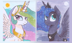 Size: 899x535 | Tagged: safe, artist:mapony240, princess celestia, princess luna, alicorn, pony, spread wings, traditional art