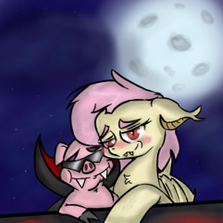 Size: 450x450 | Tagged: safe, artist:radecfrack, fluttershy, oc, vampire, crossover, crossover shipping, flutterbat, hampire, love, moon, night, red eyes, shipping, swag, twilight (astronomy)