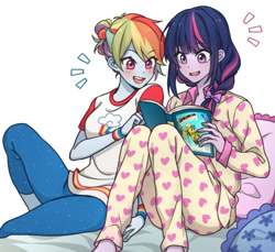 Size: 1200x1100 | Tagged: safe, artist:dcon, derpibooru import, rainbow dash, twilight sparkle, equestria girls, alternate hairstyle, anime, book, braid, clothes, duo, female, lesbian, long hair, pajamas, reading, shipping, smiling, twidash