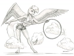 Size: 1400x1076 | Tagged: safe, artist:baron engel, derpy hooves, anthro, pegasus, unguligrade anthro, behaving like a dog, clothes, cloud, colored hooves, female, grayscale, large wings, mare, midriff, monochrome, open mouth, pencil drawing, shorts, simple background, solo, tongue out, traditional art, wat, what has science done, white background, wings