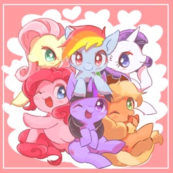 Size: 900x900 | Tagged: safe, artist:toooki24, derpibooru import, applejack, fluttershy, pinkie pie, rainbow dash, rarity, twilight sparkle, earth pony, pegasus, pony, unicorn, applejack's hat, blushing, cowboy hat, cute, dashabetes, diapinkes, female, hat, heart, jackabetes, looking at you, mane six, mare, one eye closed, open mouth, raribetes, shyabetes, smiling, twiabetes