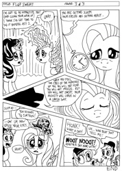 Size: 955x1342 | Tagged: safe, artist:kturtle, fluttershy, rainbow dash, starlight glimmer, pegasus, pony, comic:flop sweat, hypnosis, monochrome, pocket watch, waiting for godot