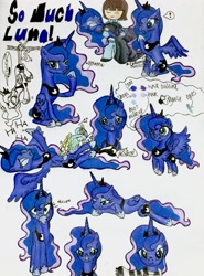 Size: 1982x2679 | Tagged: safe, artist:darkest-lunar-flower, princess celestia, princess luna, alicorn, pony, chibi, clothes, color palette, crying, cute, dress, frisk, hiccups, hungry, laughing, luna is not amused, lunabetes, prone, scarf, stomach growl, tickling, traditional art, undertale, yawn
