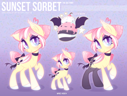 Size: 4000x3000 | Tagged: safe, artist:zombie, oc, oc only, oc:sunset sorbet, bat pony, bat pony oc, bow, clothes, collar, female, garter belt, looking at you, mare, reference sheet, solo, stockings, tail bow, thigh highs