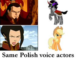 Size: 978x791 | Tagged: safe, derpibooru import, applejack, king sombra, earth pony, pony, unicorn, avatar the last airbender, azula, exploitable meme, female, male, mare, meme, mikołaj klimek, monika pikuła, ozai, poland, polish, same voice actor, stallion, vector