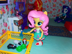 Size: 2064x1548 | Tagged: safe, fluttershy, rarity, sunset shimmer, guinea pig, equestria girls, clothes, doll, dollhouse, equestria girls minis, eqventures of the minis, gashapon, giroro, irl, photo, rug, skirt, tanktop, toy