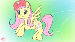 Size: 1600x900 | Tagged: safe, fluttershy, pegasus, pony, female, hat, mare, solo, super mario bros.