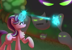 Size: 2267x1596 | Tagged: safe, artist:puetsua, starlight glimmer, ghost, pony, undead, unicorn, chest fluff, context in description, dark dream, female, glowing horn, horn, lidded eyes, magic, mare, raised hoof, shooting, tree, video game