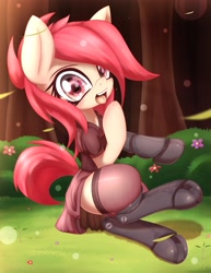 Size: 2967x3840 | Tagged: safe, alternate version, artist:an-m, oc, oc only, oc:mayni, cyborg, earth pony, pony, amputee, blank flank, clothes, cute, dress, eye reflection, female, flower, forest, grass, legs, lingerie, looking at you, mare, mechanical, open mouth, prosthetic limb, prosthetics, raised hoof, reflection, sitting, skirt, skirt lift, socks, solo, stockings, thigh highs, tongue out, tree, triple amputee, wind