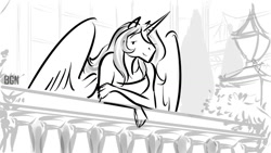 Size: 1024x576 | Tagged: safe, artist:bgn, princess celestia, alicorn, anthro, balcony, clothes, dress, female, hoers, monochrome, solo