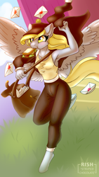 Size: 1080x1920 | Tagged: safe, artist:striped-chocolate, derpy hooves, anthro, pegasus, unguligrade anthro, armpits, clothes, female, food, mail, mailbag, mailmare, rcf community, sandwich, solo