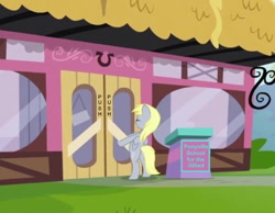 Size: 594x462 | Tagged: safe, edit, edited screencap, screencap, derpy hooves, pony, a trivial pursuit, door, the far side