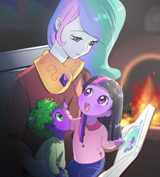 Size: 900x1000 | Tagged: dead source, safe, artist:quizia, princess celestia, spike, twilight sparkle, human, book, clothes, cute, cutelestia, female, fireplace, humanized, momlestia, open mouth, pants, picture, pony coloring, quizia is trying to murder us, reading, spikabetes, sweet dreams fuel, twiabetes, weapons-grade cute, younger