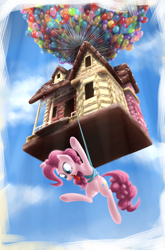 Size: 1370x2080 | Tagged: safe, artist:baitoubaozou, pinkie pie, earth pony, pony, balloon, crossover, gingerbread house, house, solo, suspended, then watch her balloons lift her up to the sky, up