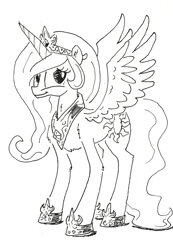 Size: 876x1269 | Tagged: safe, artist:shoeunit, princess celestia, alicorn, pony, lineart, monochrome, solo, traditional art