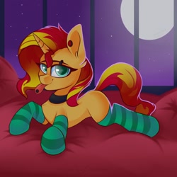 Size: 1654x1654 | Tagged: safe, artist:php97, sunset shimmer, pony, unicorn, bed, choker, clothes, female, mare, moon, night, piercing, smiling, socks, solo, striped socks, tongue out, tongue piercing, window