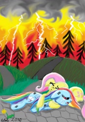 Size: 1172x1688 | Tagged: safe, artist:superdashiebros, derpibooru import, fluttershy, rainbow dash, pegasus, pony, crying, female, fire, flower, flutterdash, forest, forest fire, injured, lesbian, lightning, shipping, thunderstorm