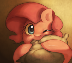 Size: 843x750 | Tagged: dead source, safe, artist:dhui, pinkie pie, earth pony, pony, biting, pillow, solo, tired pie, wink