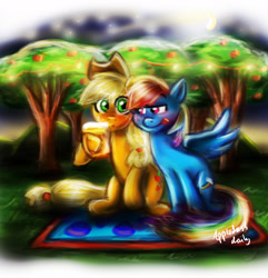 Size: 1366x1417 | Tagged: safe, artist:death-is-death, derpibooru import, applejack, rainbow dash, earth pony, pegasus, pony, apple tree, appledash, appledash every day, blanket, cider, female, lesbian, mug, shipping, tongue out