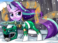 Size: 2048x1522 | Tagged: safe, artist:centchi, starlight glimmer, pony, unicorn, clothes, dragon dagger, dragon ranger, glowing horn, green ranger, horn, knife, kyoryu sentai zyuranger, mighty morphin power rangers, music notes, power rangers, snow, solo, super sentai, windswept mane