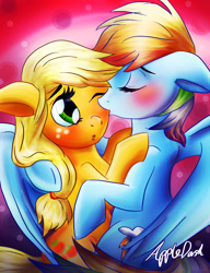 Size: 1015x1321 | Tagged: safe, artist:death-is-death, derpibooru import, applejack, rainbow dash, earth pony, pegasus, pony, appledash, blushing, eyes closed, female, floppy ears, hatless, kissing, lesbian, missing accessory, shipping