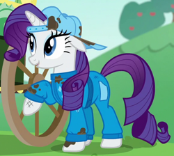 Size: 580x520 | Tagged: safe, screencap, rarity, pony, unicorn, the cart before the ponies, coveralls, outfit catalog, solo