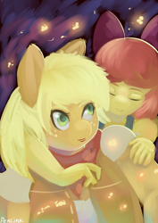 Size: 800x1131 | Tagged: safe, artist:penlink, apple bloom, applejack, anthro, firefly (insect), carrying, clothes, tired