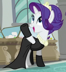 Size: 270x296 | Tagged: safe, screencap, rarity, pony, unicorn, the gift of the maud pie, audrey hepburn, breakfast at tiffany's, clothes, cute, dress, female, gloves, holly golightly, mare, open mouth, outfit catalog, raised hoof, raribetes, smiling, socks, solo