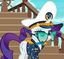 Size: 750x700 | Tagged: safe, screencap, rarity, pony, unicorn, ppov, captain rarity, cropped, female, hat, mare, outfit catalog, solo, sunglasses