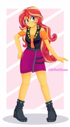 Size: 2200x4000 | Tagged: safe, artist:katakiuchi4u, sunset shimmer, better together, equestria girls, abstract background, blushing, boots, clothes, cute, female, freckles, high heel boots, looking at you, pose, shimmerbetes, shoes, skirt, smiling, solo, watermark