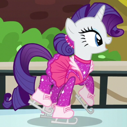 Size: 444x444 | Tagged: safe, screencap, rarity, pony, unicorn, the gift of the maud pie, ice skates, ice skating, outfit catalog, solo