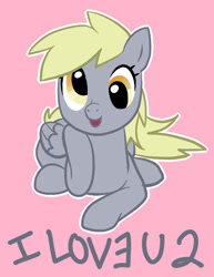 Size: 455x590 | Tagged: artist needed, source needed, safe, derpy hooves, pegasus, pony, cute, derpabetes, i love you, looking at you, pink background, simple background, smiling, solo