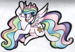 Size: 2736x1912 | Tagged: safe, artist:cutepencilcase, princess celestia, alicorn, pony, female, horn, mare, multicolored mane, solo, traditional art, white coat