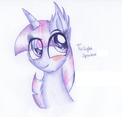 Size: 916x875 | Tagged: safe, artist:violetdraw, derpibooru import, twilight sparkle, blushing, bust, portrait, solo, traditional art