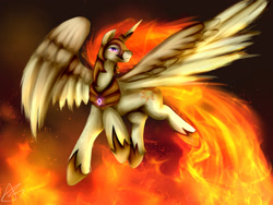 Size: 1600x1200 | Tagged: safe, artist:bunnzee, nightmare star, princess celestia, alicorn, pony, fire, flying, mane of fire, solo