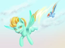 Size: 1024x768 | Tagged: safe, artist:jay156, derpibooru import, lightning dust, rainbow dash, pegasus, pony, cloud, cloudy, flying, race