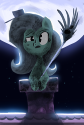 Size: 1000x1500 | Tagged: safe, artist:talonsofwater, fluttershy, pegasus, pony, the cutie map, bust, chim chim cher-ee, chimney, fluttersoot, full moon, looking at you, mary poppins, moon, night, open mouth, pacman eyes, portrait, solo, soot