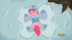 Size: 323x180 | Tagged: safe, screencap, pinkie pie, earth pony, pony, tanks for the memories, animated, cinemaquestria, discovery family, discovery family logo, snow, snow angel, solo